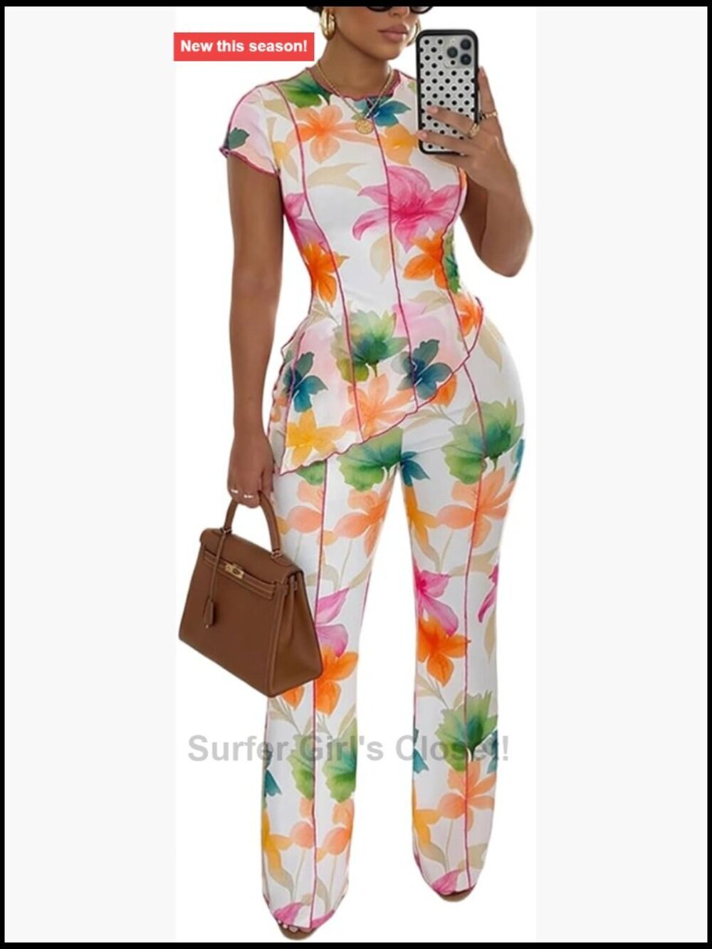 Sheer Mesh Floral 2 Piece Outfit Asymmetric Top Flare Pants Set Party Vacation